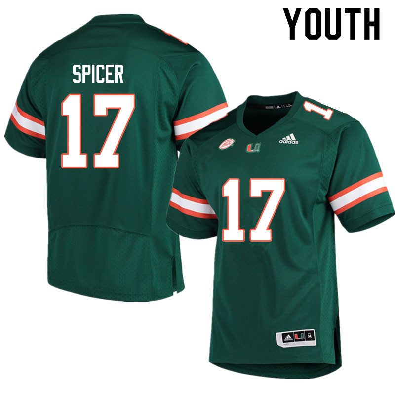 Adidas Miami Hurricanes Youth #17 Jack Spicer College Football Jerseys Sale-Green - Click Image to Close